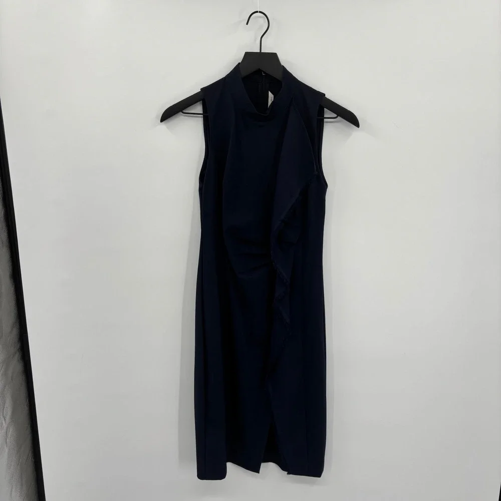 Rachel Rachel Roy Navy Blue Mock Neck Draped Ruffle Sheath Dress‎ Size 0